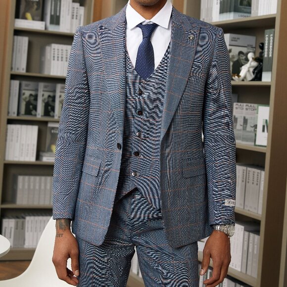 Grey/Orange Windowpane 3 Piece Stacy Adams Men's Suit - Picture 6 of 6